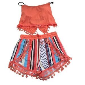 Modlily Women's Size Large Dusty Pink Split Stripe Multicolored Short Bikini Set